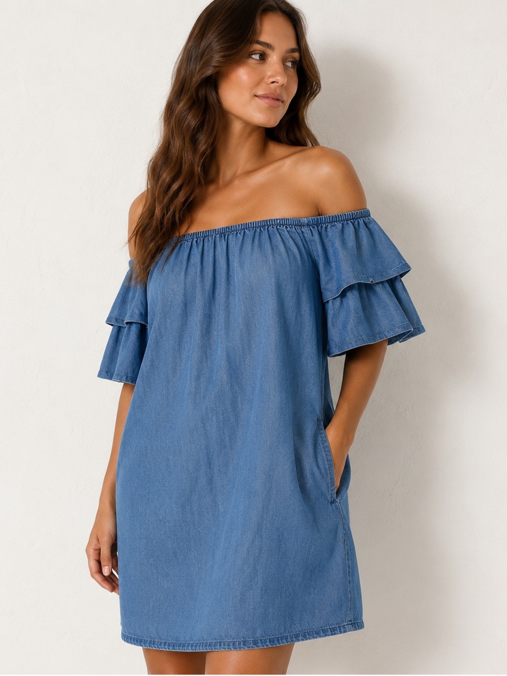 Zara Premium Denim Off Shoulder Chambray Dress XS Pockets